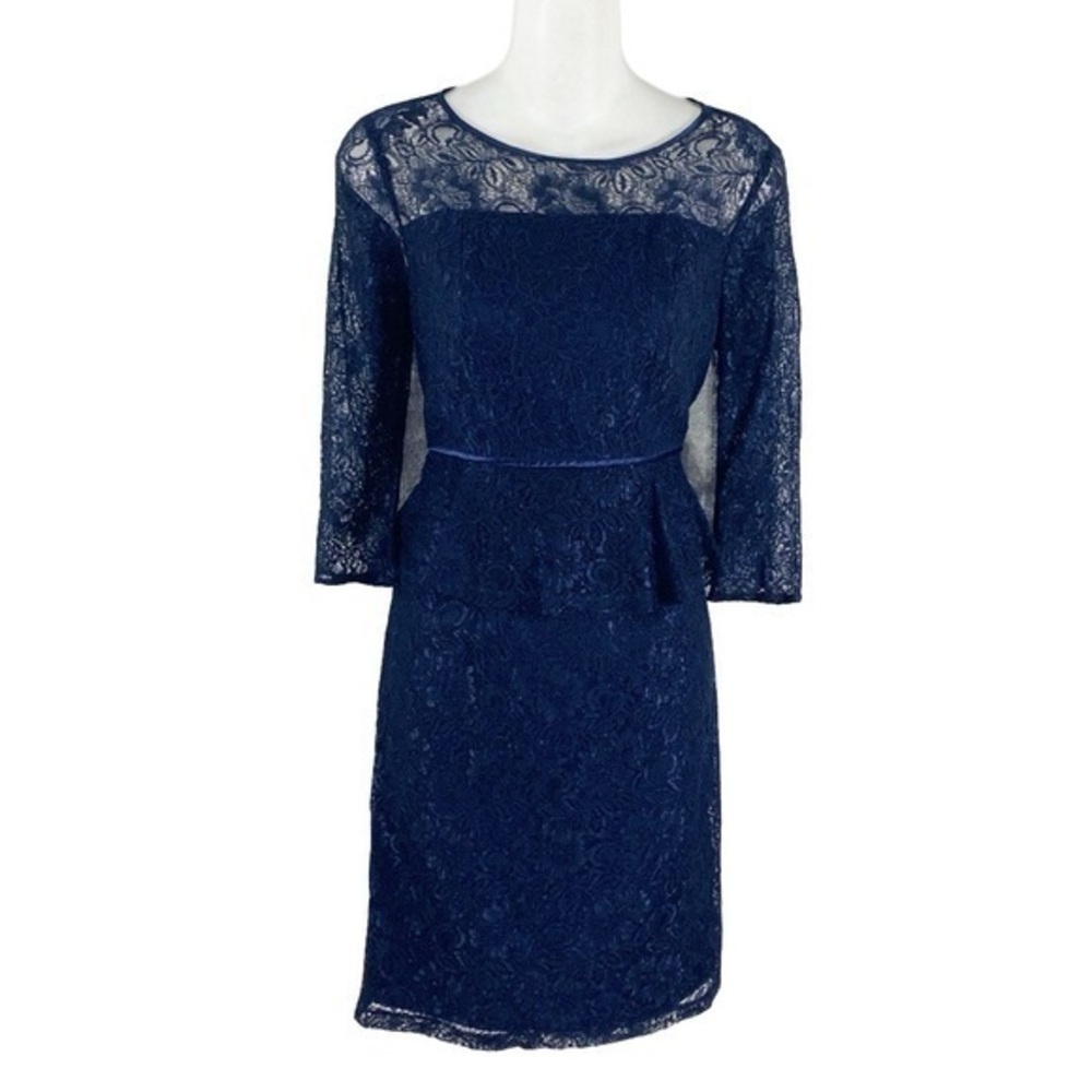 Adrianna Papell navy blue lace peplum sheath dress 4P 4 petite X11